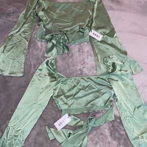 TWO Green Satin Crop Tops with Long Sleeves